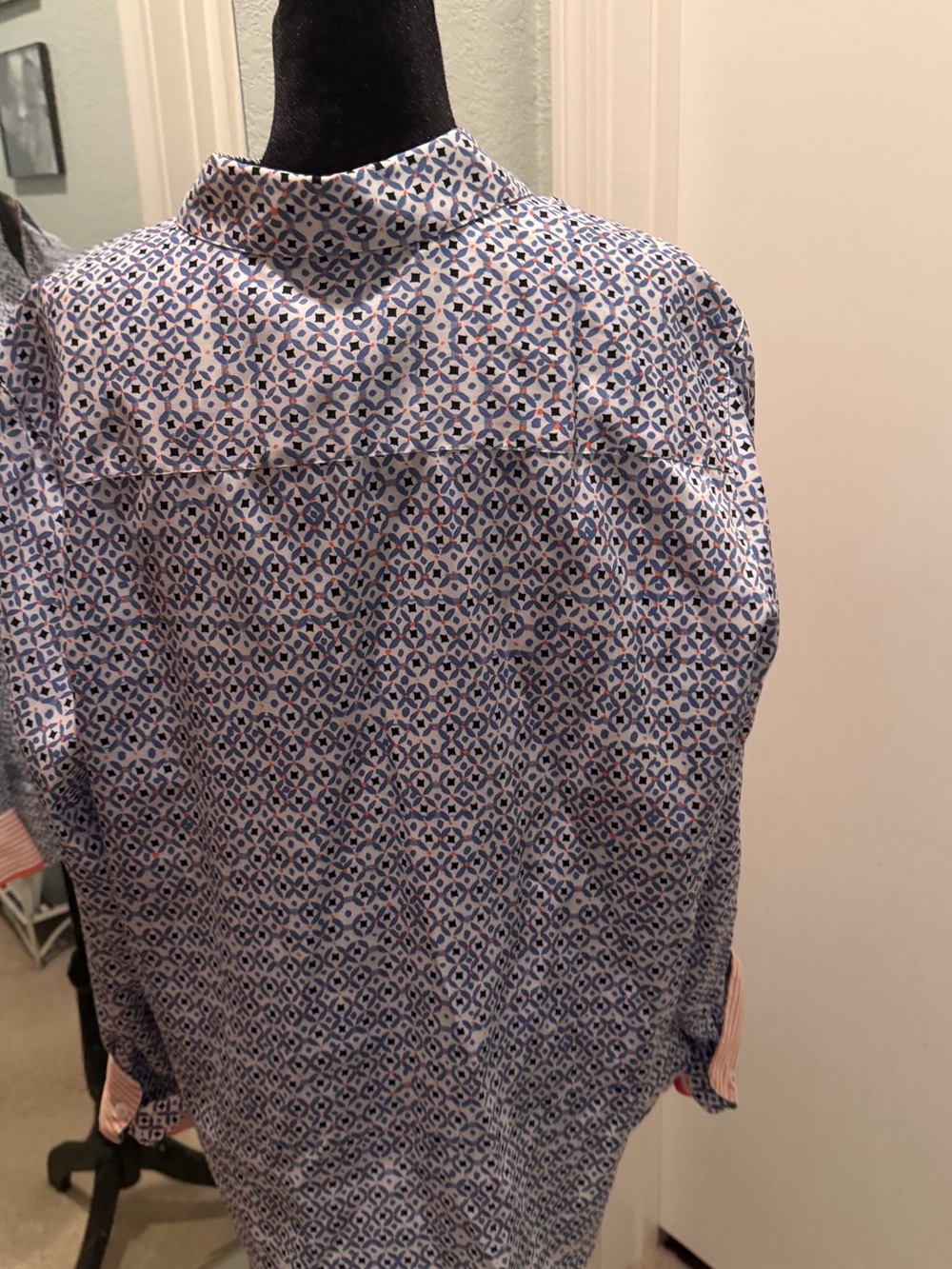 Foxcroft Blue and White Geometric Button-Down Shirt with Pink Cuffs - Picture 4 of 6